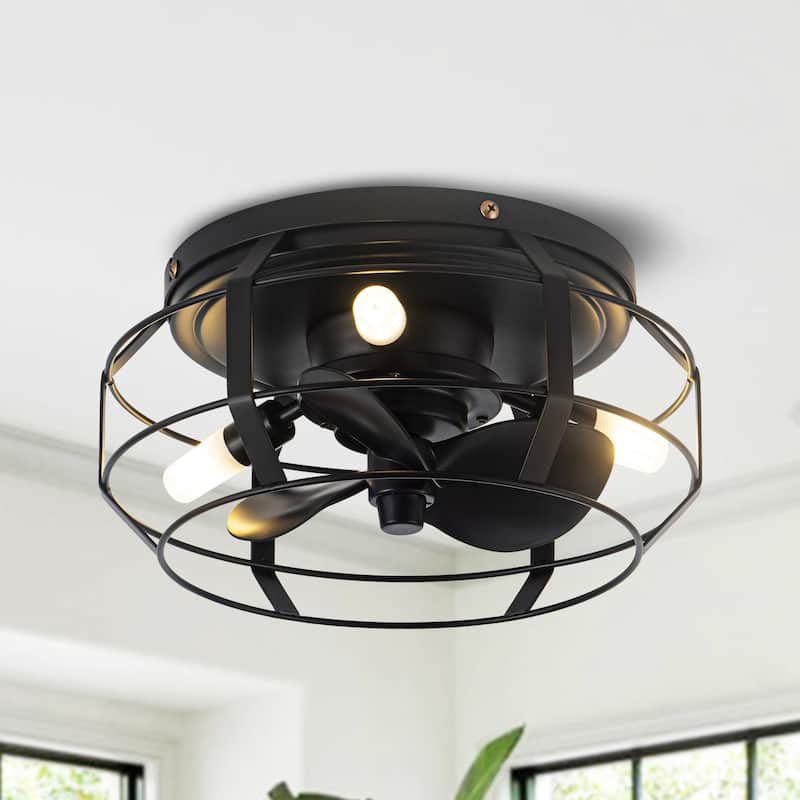 12" 3-Blade 3-Light Black Cage Ceiling Fan with Light