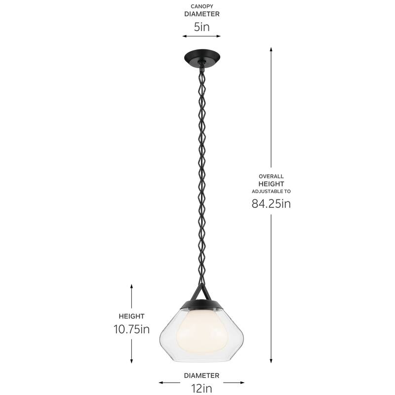 Kichler Lighting Nella 12 Inch 1 Light Pendant with Clear Outer Glass with Opal Interior Glass in Black