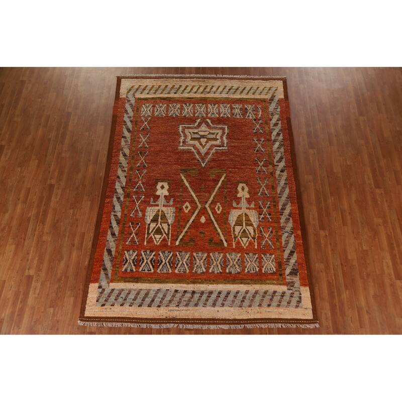 Hand Knotted Oriental 100% Wool Carpet Modern Tribal Oranges & Rust Moroccan Area Rug - 10' 0'' X 7' 1''