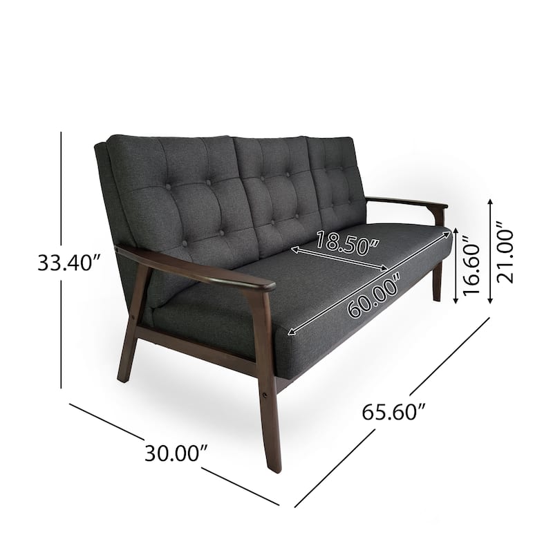 Grey 65.6'' Mid-Century 3-Seater Sofa with Waffle Stitch Tufting, Rubberwood Legs, and Accent Design