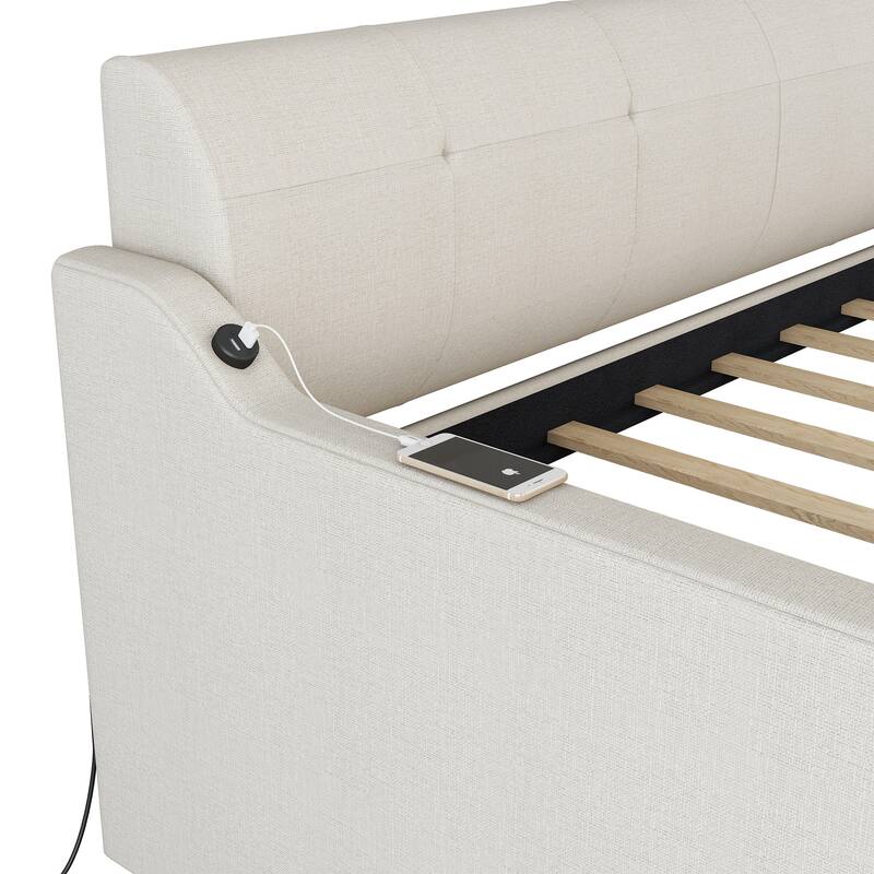 Twin Size Upholstered Daybed with Trundle and USB Charging, Beige
