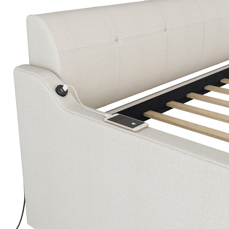Upholstery DayBed with Pull-out Trundle Bed and USB Charging Design, Wooden Twin Size Bed Frame with Backrest & Wavy Armrests