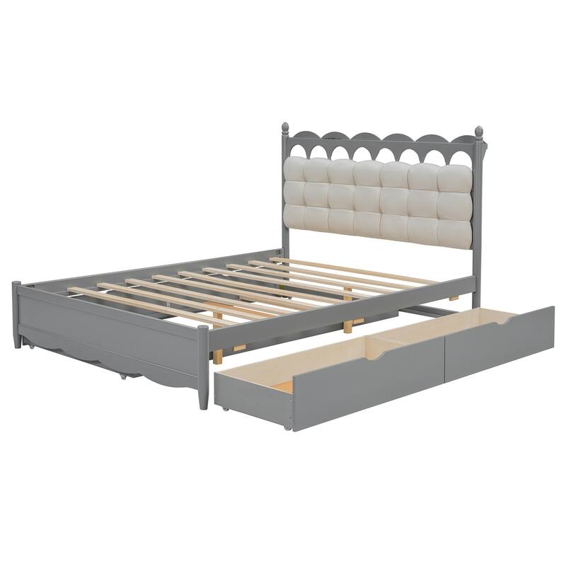 Queen Size Wooden Platform Bed Frame with Trundle, 2 Big Drawers and USB Ports, Stylish and Functional Bedroom Furniture