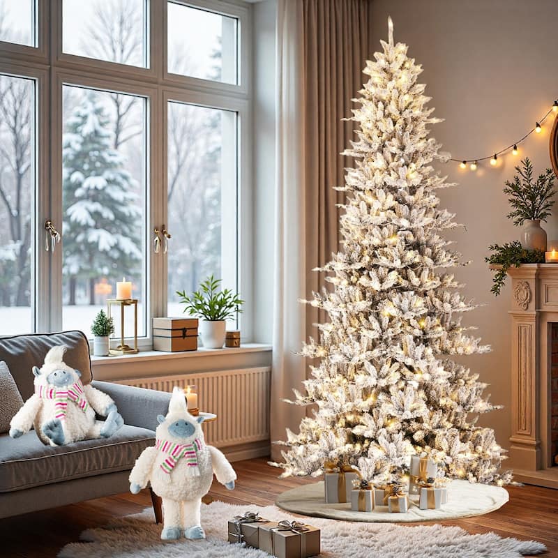 Glitzhome 11ft Pre-Lit Flocked Slim Fir Artificial Christmas Tree with Warm White Lights & Gloves