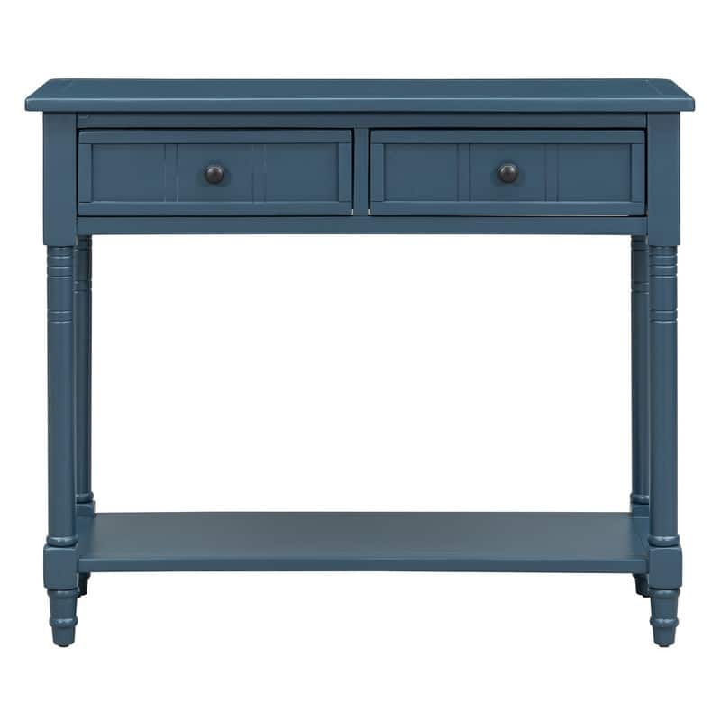 Narrow Console Table, Traditional Pine Wood Design with 2 Drawers and Bottom Shelf for Living Spaces