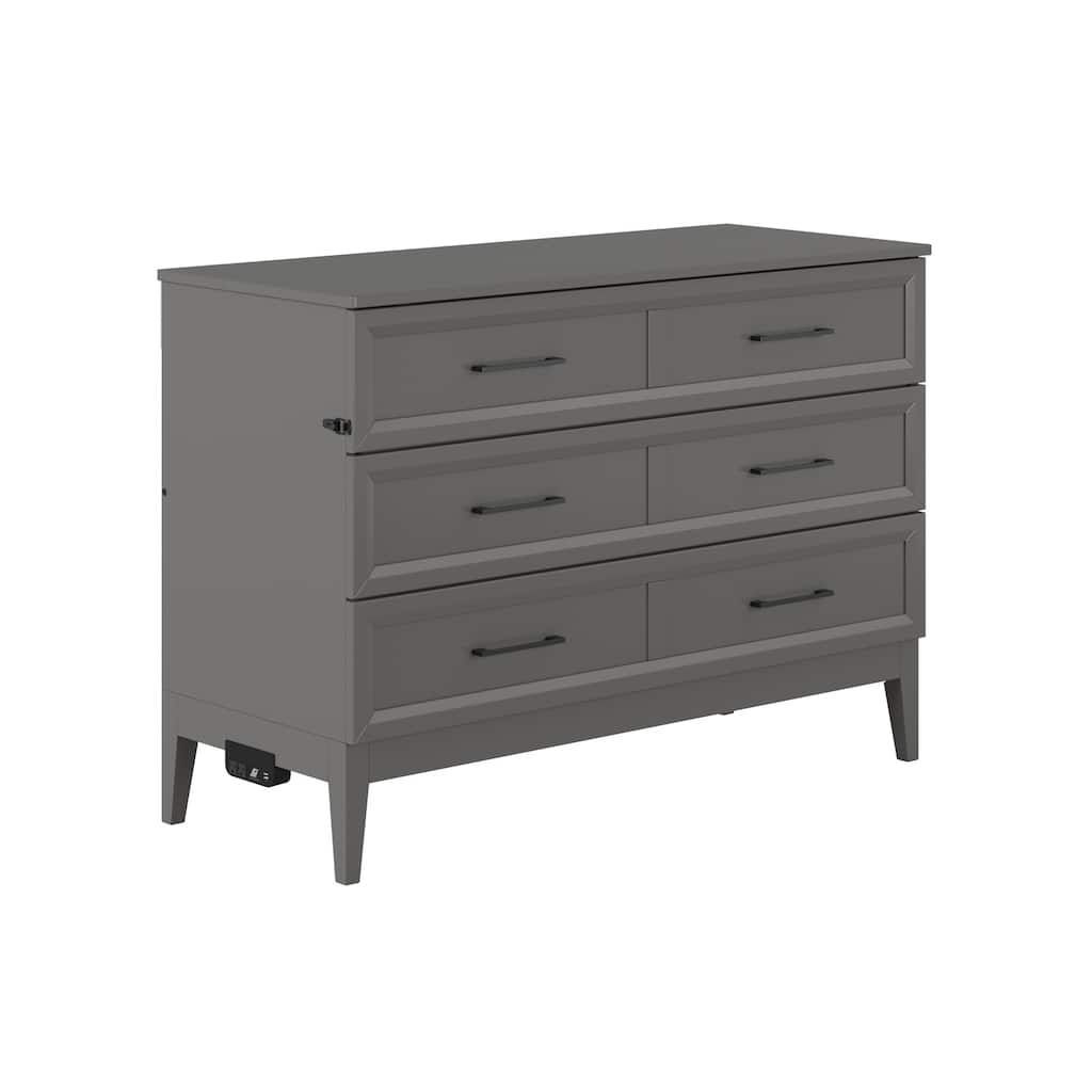 Full Murphy Bed Chest with Mattress & USB Charger - Space Saving Bed, Grey Finish - Renaissance Revival