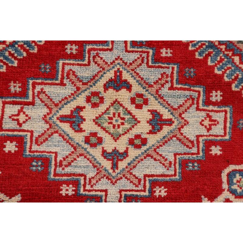 Red Geometric Kazak Accent Rug Hand-Knotted Wool Carpet - 3'4" x 4'11"