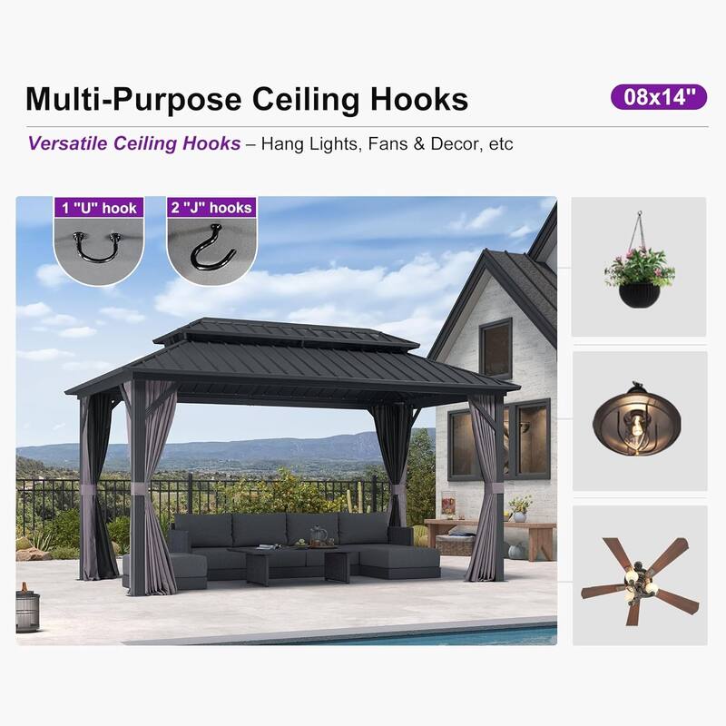 PURPLE LEAF Gazebo Grey Outdoor with Dual-Layer Galvanized Steel Double Roof Aluminum Gazebo with Netting and Curtains