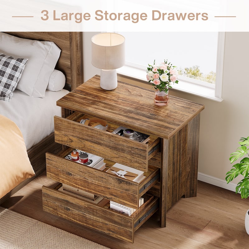 Wood Nightstand with 3 Drawers, Farmhouse Large Bedside Table with Storage