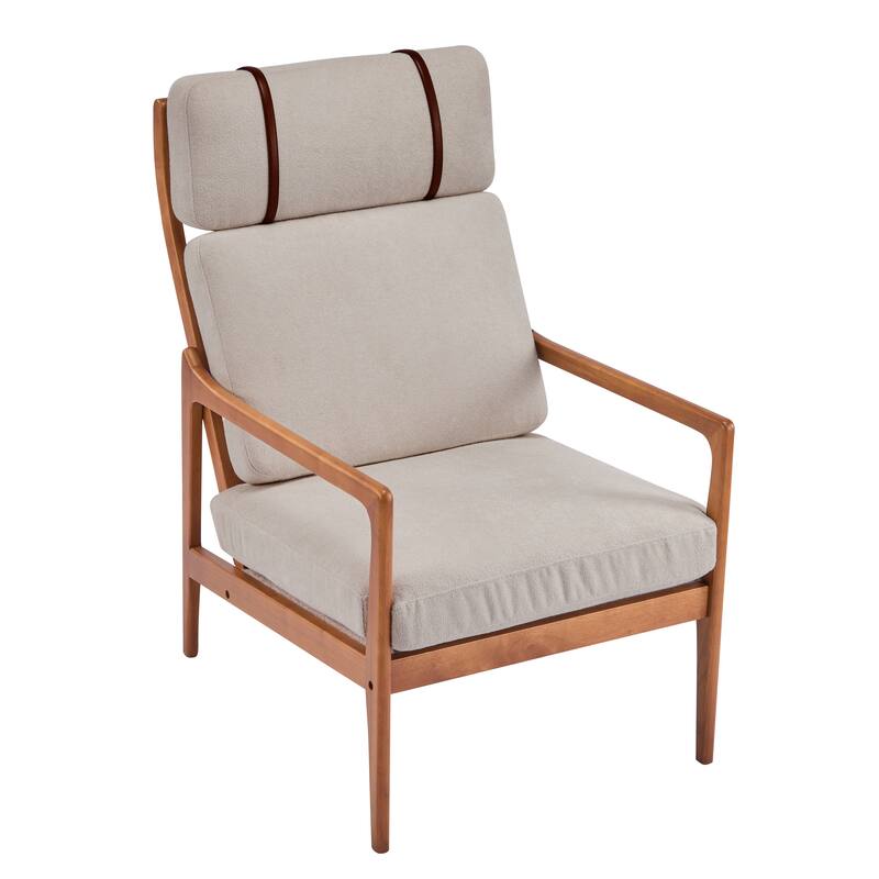 Mid Century Modern Accent Armchair, Solid Wood Frame with High Back, Beige Upholstered Cushions, Ergonomic Lounge Chair