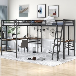 Twin Size L-Shaped Metal Loft Bed with 2 Built-in Desks & Ladders