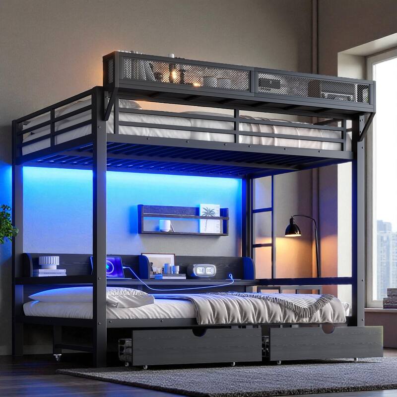 Queen over Queen/Twin XL over Twin XL Metal Bunk Bed with Storage Shelves, Drawers, USB Ports & LED Lights