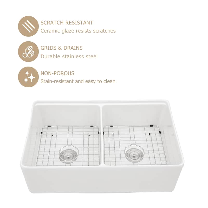 Kichae 33 Inch Ceramic Sink Undermount Double Bowl Workstation White Kitchen Sink - 33 in.W x 20 in.D x 10 in.H
