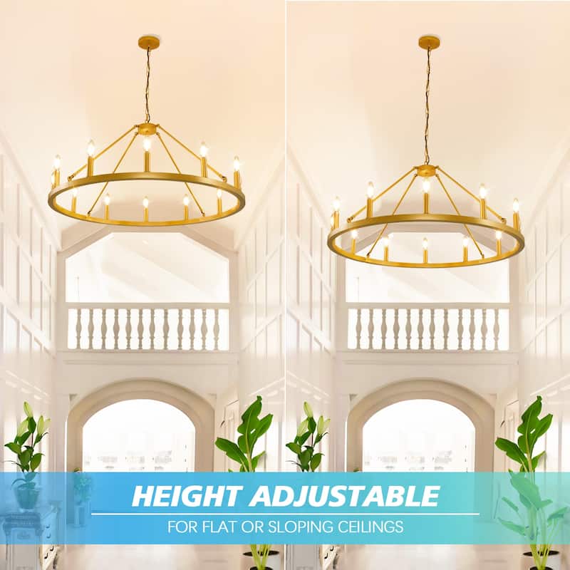 Black Wagon Wheel Chandelier 38 inch, 12-Light Black Round Industrial Farmhouse Chandeliers