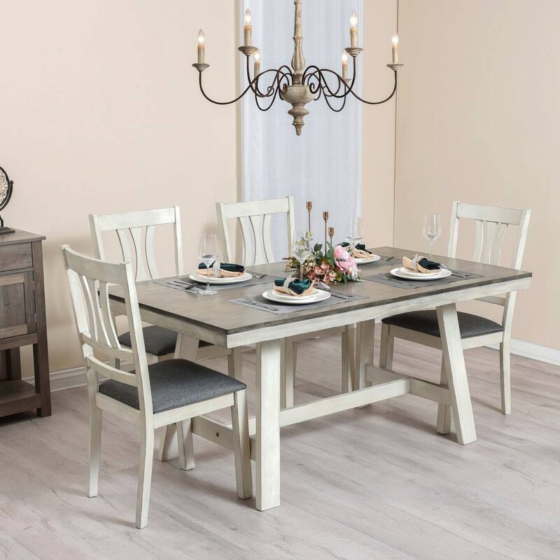 Modern Dining Chairs - Set of 2 - Distressed Off White - Rubberwood Frame - Comfortable Upholstered Seat