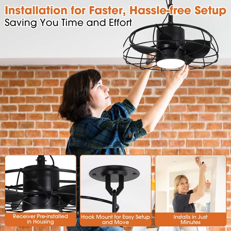 20" Industrial Black Wet Outdoor Caged Ceiling Fan with Light and Remote