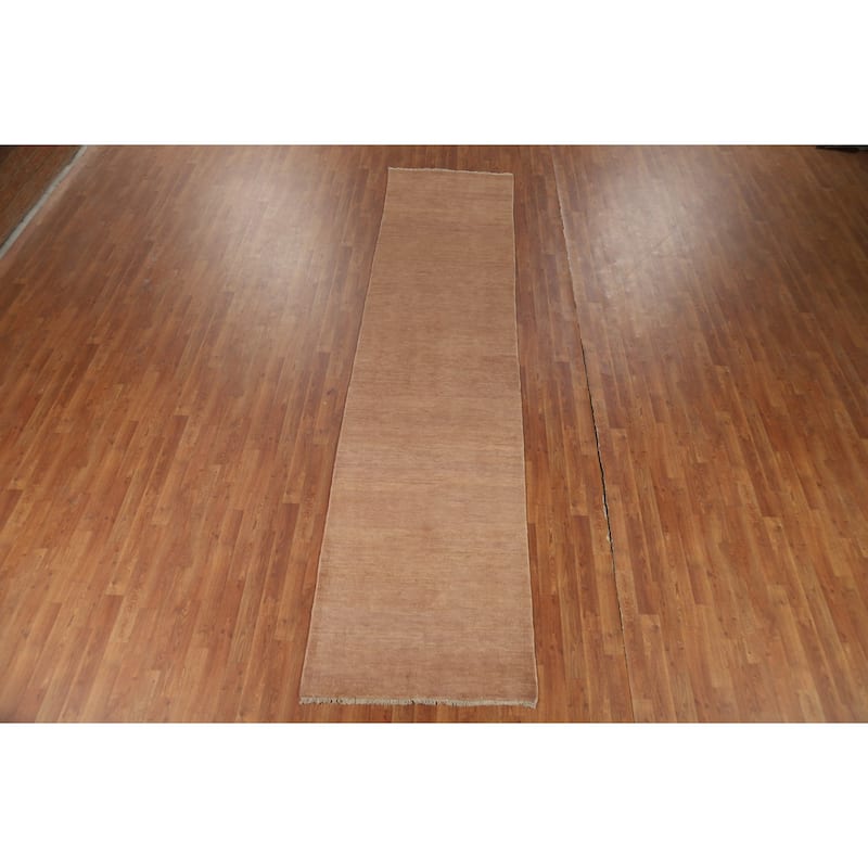 Brown Solid Gabbeh Oriental Runner Rug Hand-Knotted Wool Carpet - 3'0"x 12'9"