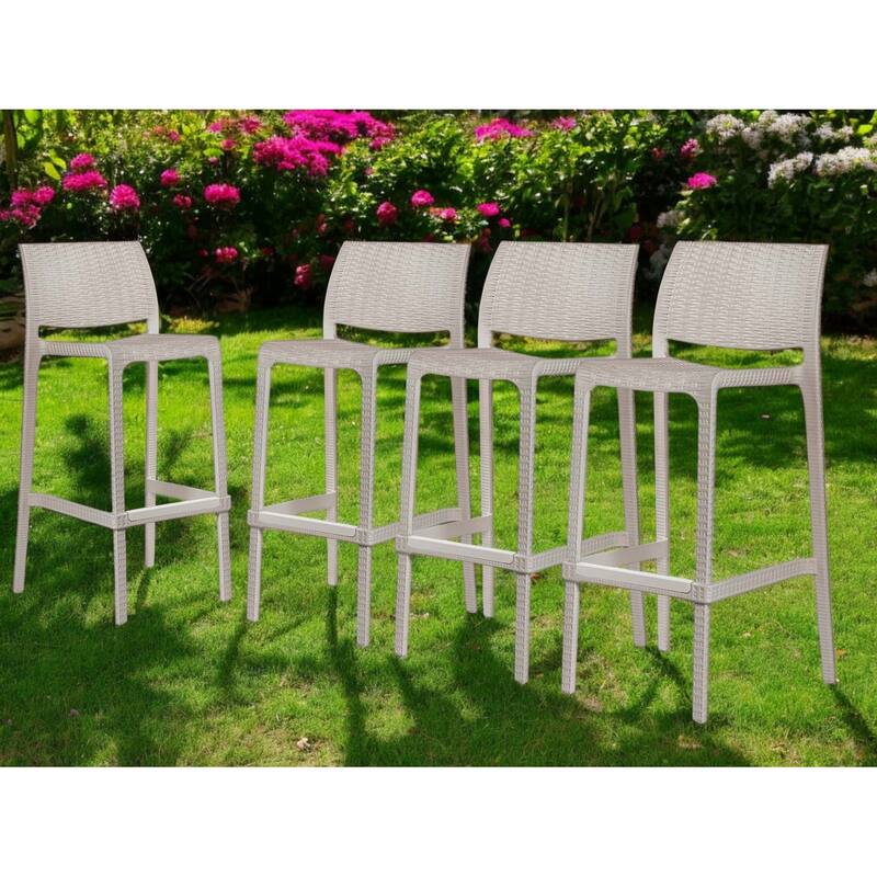 HomeRoots Set of Four 30" Taupe Faux Rattan Heavy Duty Plastic Outdoor Bar Height Chairs - Taupe
