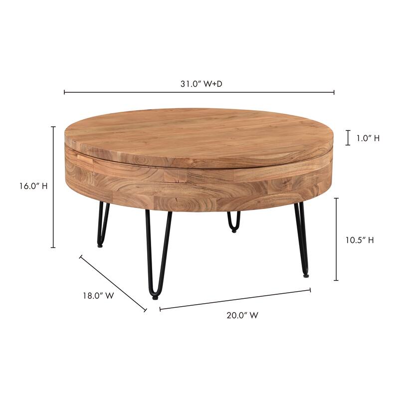 NADAAL STUDIOS Tarian Coffee Table, Round Solid Acacia Wood with Iron Hairpin Legs and Hidden Storage, Natural Finish