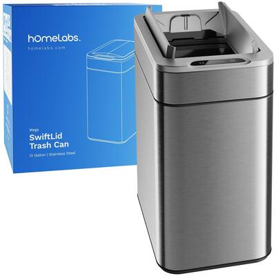 hOmeLabs 13 Gallon Kitchen Trash Can - Retractable Sensor Butterfly Lid, Easy Clean, Battery-Operated - Stainless Steel
