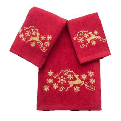 Xmas Premium Decor Soft 100% Cotton Embroidered Bathroom Modern 3 Piece Christmas Towel Set, Gold Deer Snowflake with Red Base