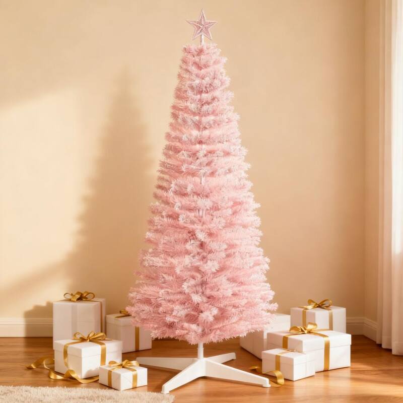 5' Snow Flocked Artificial Christmas Tree with Pencil Shape, Realistic Branches - Pink