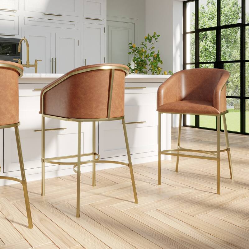 Hampton Modern Bar Stool, Faux Leather and Gold Finish Metal Frame