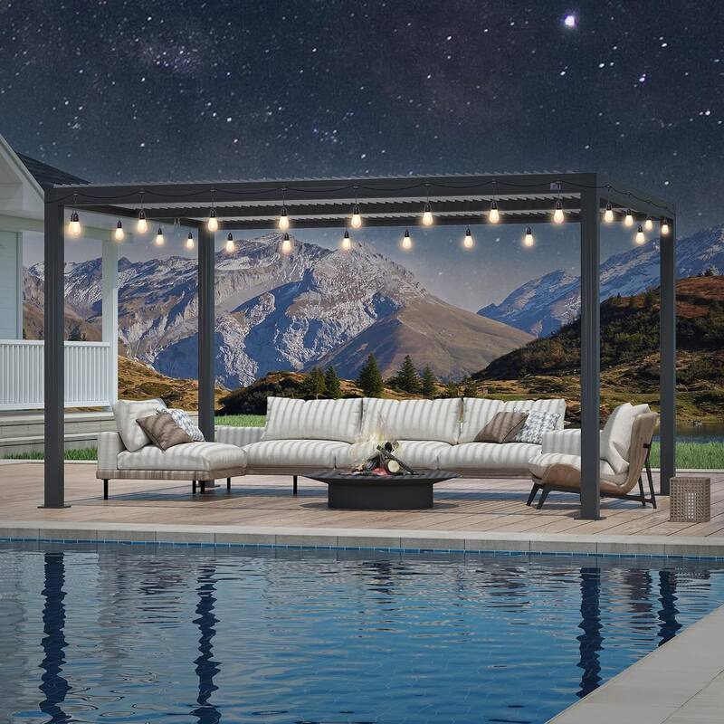 PURPLE LEAF Louvered Pergola with Solar Lights Hardtop Gazebo for Patio - 11' x 15' - Grey Frame & White Roof
