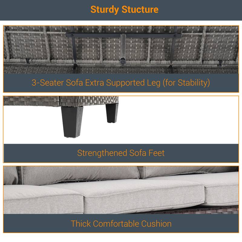 Livoosun 8 Pieces Patio Sofa with 28'' Fire Table Set, PE Wicker, Wide Armrests High Back Sofa Chair Design for Lawn, Patio