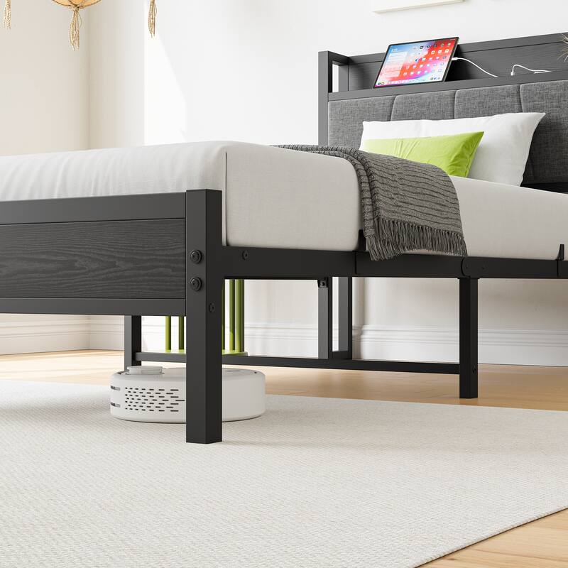 Twin Bed Frame with Storage Headboard, Charging Station, and Easy Assembly