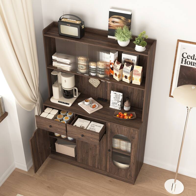 Modern Storage Cabinet with Two Drawers, Reeded Glass Doors and Microwave Stand