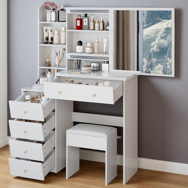 Makeup Vanity with Extra Large Sliding Mirror, 2-Piece Set with Stool, 37" Dresser with Ample Storage