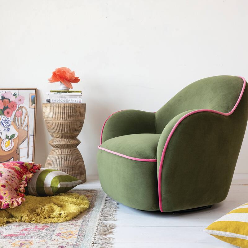 Velvet Upholstered Swivel Chair with Trim - 39.8"L x 37.6"W x 32.9"H