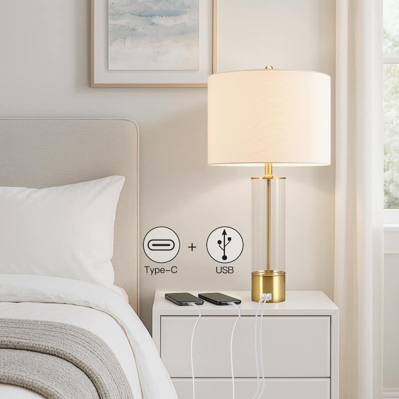 3-Way USB Table Lamp Set of 2 with Type C Port - 25.5 in. H