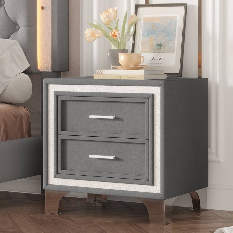 Vintage Gray Velvet Nightstand with Silver Glitter & Metal Legs, 2-Drawer Bedside Table, Easy Assembly
