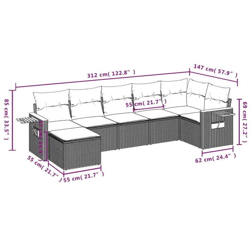 vidaXL Patio Sofa Set with Cushions Outdoor Conversation Furniture Poly Rattan - 21.7 x 21.7 x 14.6 in