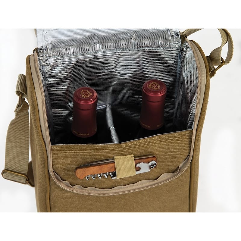 Curata Byob Double Bottle Tan Canvas Wine Tote with Thermal Foil Lining