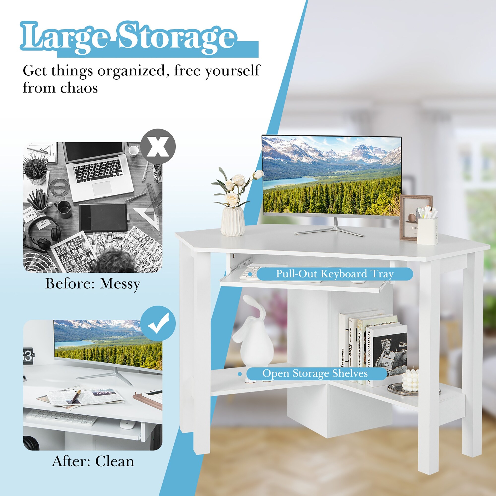 Costway Wooden Corner Desk With Drawer Computer PC Table Study Office