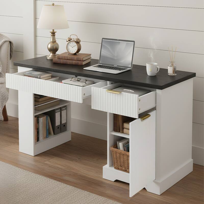 Roomfitters 55" Modern Fluted Office Desk with Charging Station, Storage Cabinet & Pegboard