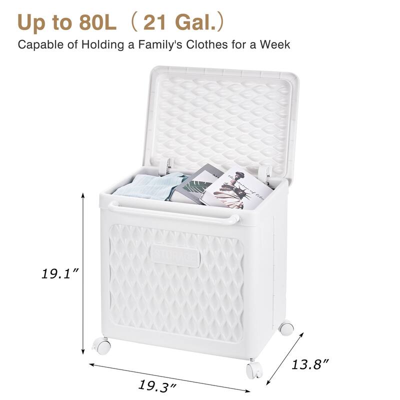 Javlergo White Rolling Laundry Cart with Lid & Wheels 80L Large Capacity Hamper 360° Swivel Wheels with Brakesfor Laundry