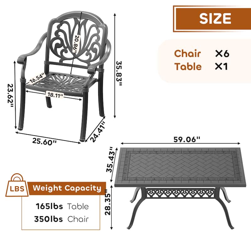 5/7-Piece Cast Aluminum Outdoor Dining Set with 59.06'' L X 35.43'' W Rectangular Table and Random Color Seat Cushions