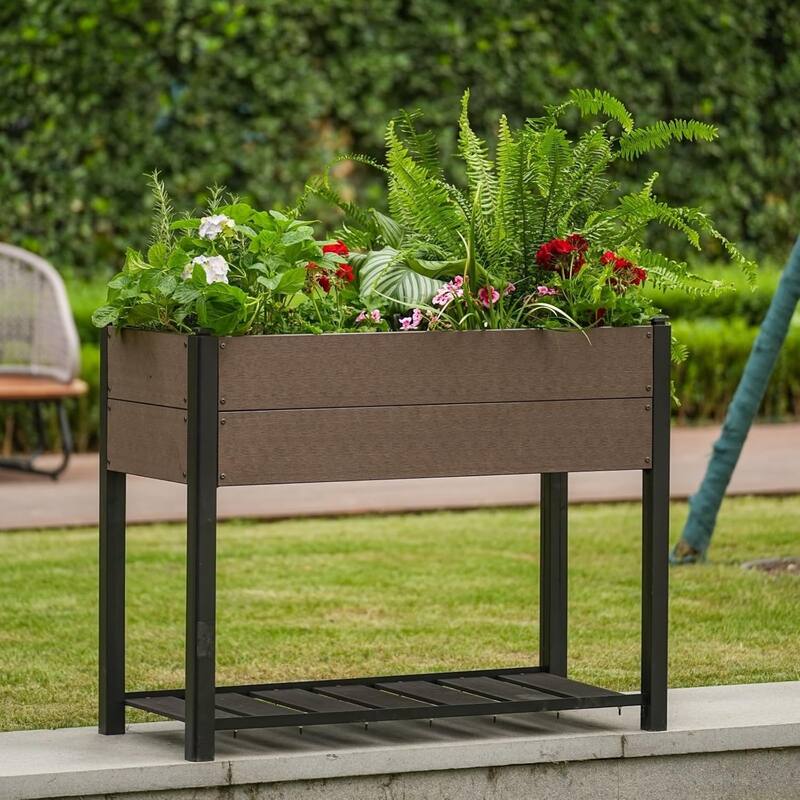 49x49x85cm HDPE Elevated Garden Bed with Storage Shelf - Wood Grain Planter Box with Aluminum Frame - 109*49*85cm