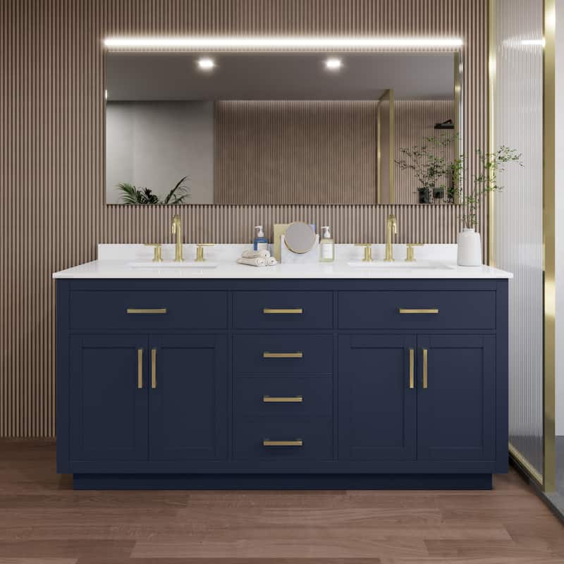 Wyndham Collection WCG262672D-QTZ-US3MXX Beckett TK 72" Free Standing - Dark Blue / White Quartz Top / Brushed Gold
