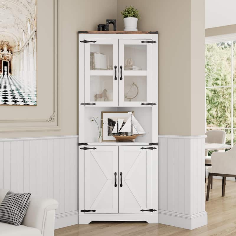 67" Tall Corner Storage Cabinet with Lights, Farmhouse Corner Hutch Display Cabinet with Glass Doors