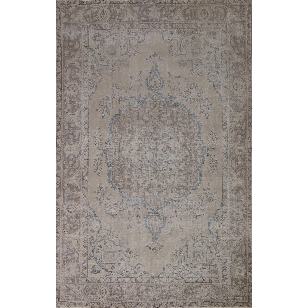 Beige Distressed Tabriz Persian Antique Area Rug Handmade Wool Carpet - 6'5" x 9'4"