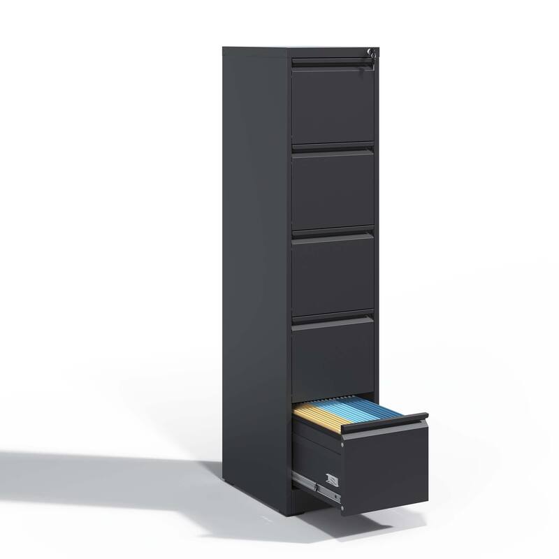 Modern Filing Cabinet, Vertical Filing Cabinet with 5 Drawers, Anti-Tilt System and Locks, for Home Office - Black