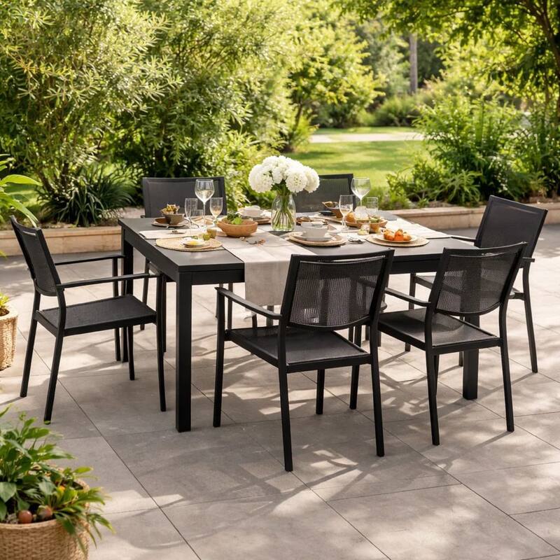 Fifi 7 Piece Dining Table Set, Black Metal Frames, Smooth Textilene Fabric