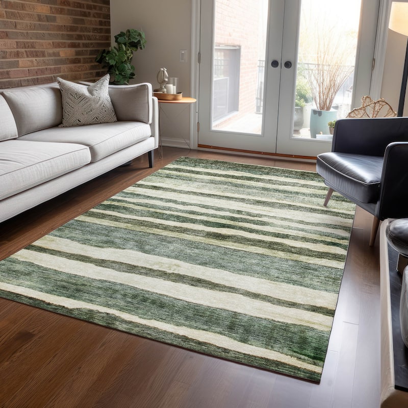 Machine Washable Indoor/ Outdoor Moroccan Stripe Chantille Rug - Sage - 10' x 14'