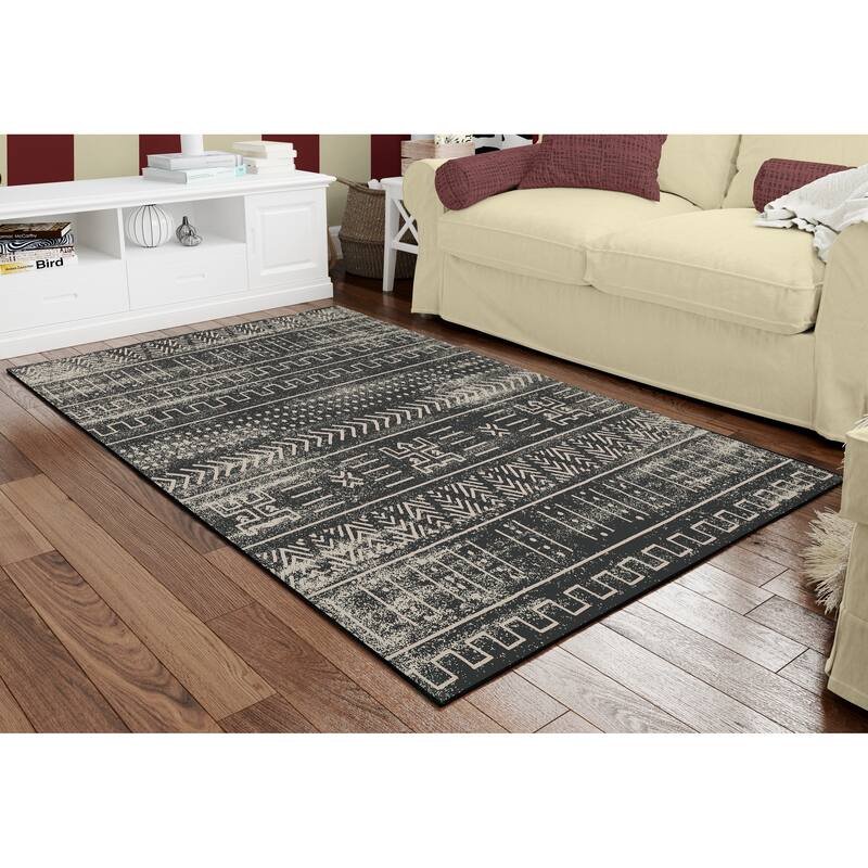 Deerlux Boho Living Room Area Rug with Nonslip Backing, Black Tribal Pattern