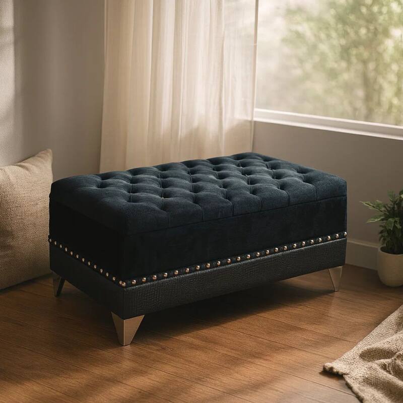Leatherette Storage Bench with Nailhead Trims and Button Tufted Seat, Black